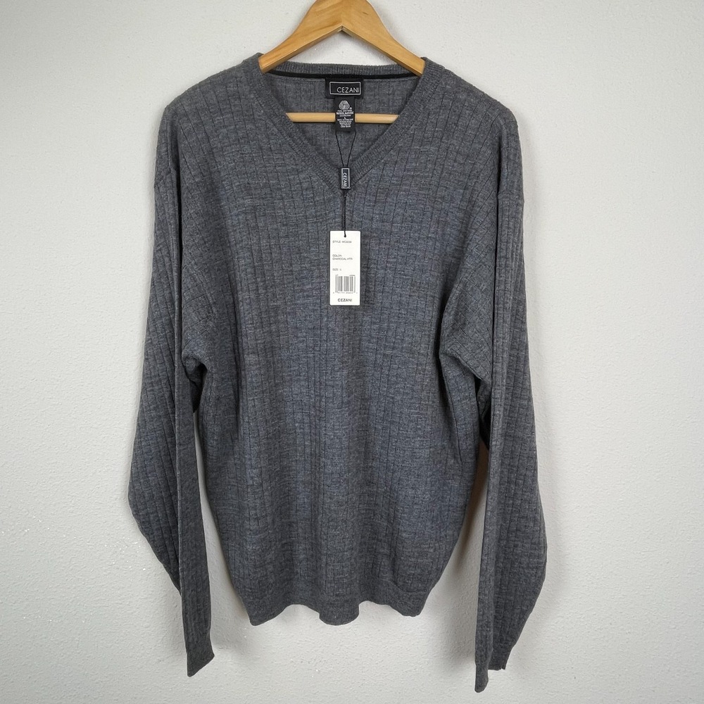 NWT Cezani V-Neck Sweater Size L Gray‎ 100% Extra Fine Merino Wool Ribbed Knit